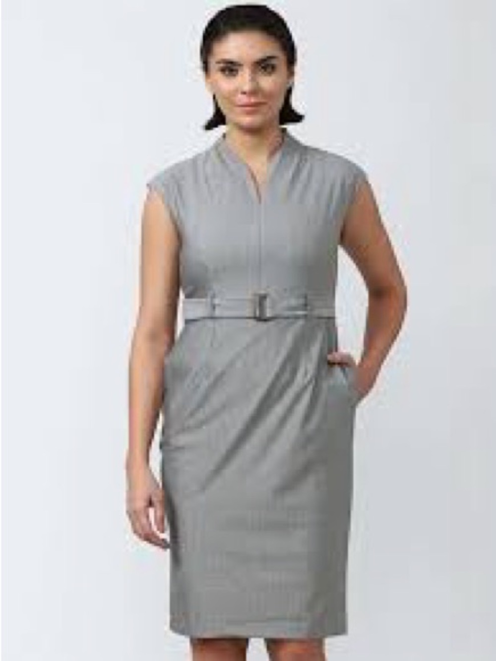 Kasper Sleeveless V-Neck Belted Sheath Dress in Gray